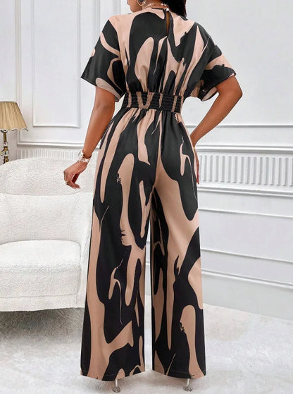 Women Wide Leg Jumpsuit Spring Summer Fashion V Neck Short Sleeve High Waist Full Body Printed Jumpsuits Casual One Pieces