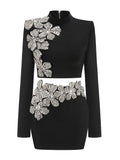 Sexy Long Sleeves Bandage 2-Piece Sets Women Turtleneck Shiny Diamonds Flower Top + Bodycon Mini  Skirts Suits Evening Party Set