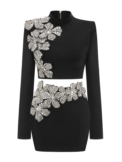 Sexy Long Sleeves Bandage 2-Piece Sets Women Turtleneck Shiny Diamonds Flower Top + Bodycon Mini  Skirts Suits Evening Party Set