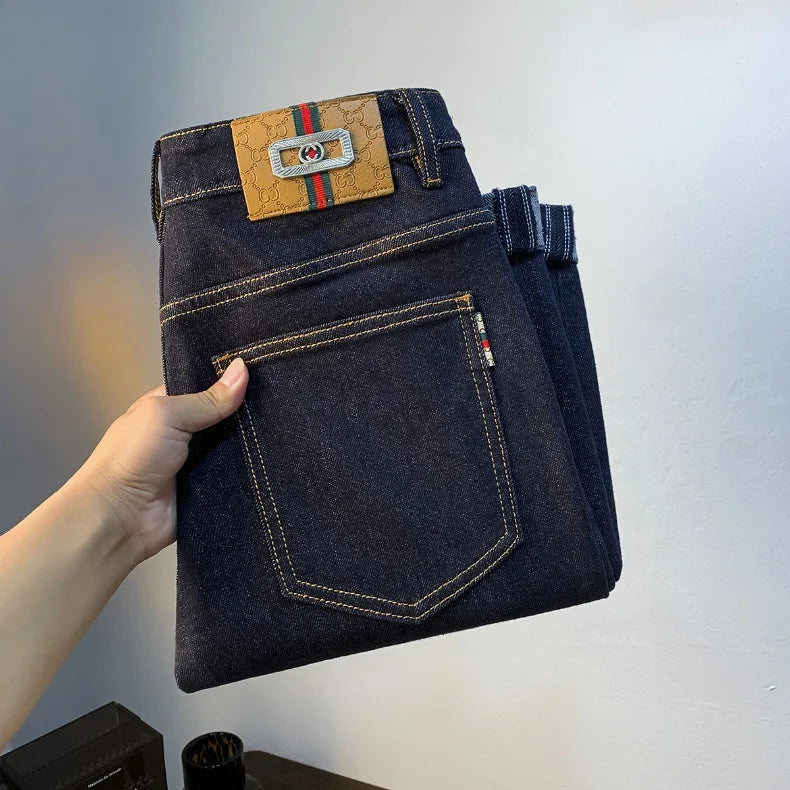 High end light luxury men jeans autumn new item dark blue fashion printed casual straight slim fit cotton washed denim pants