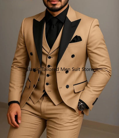 Beige Double Breasted Suit  Black Lapel  Slim Fit Wedding Suit
