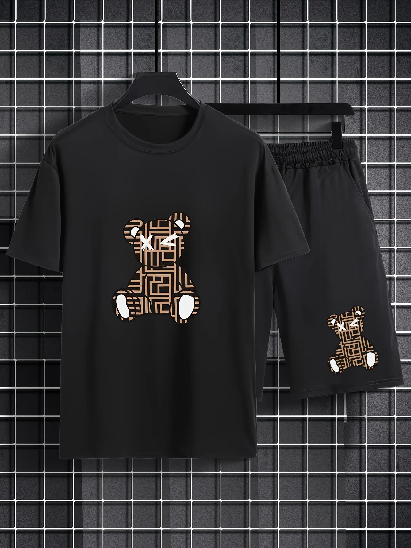 Summer Men's Fashion Casual Sports Set Loose-Fit Trendy Doll Graffiti Print Crew Neck Short Sleeve Two-Piece Set with Shorts