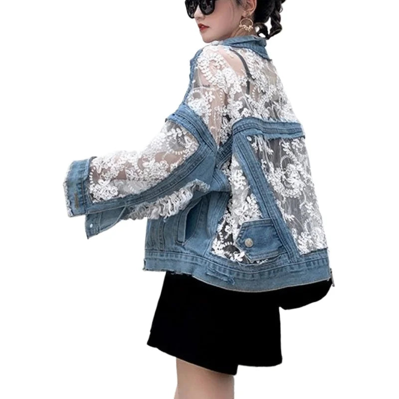 Mesh Embroidery Hole Denim Jacket  Summer Lace Stitching Girlish Top