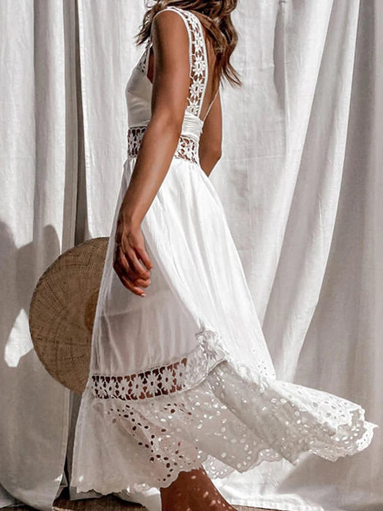 White Lace Long Dresses Women Summer Sleeveless Backless Cotton Dress Elegant Fashion Casual Hollow Out Big Swing Beach Sundress