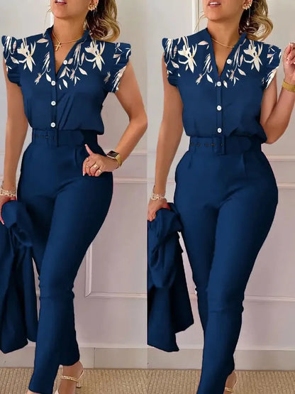 Spring Summer Women's New Printed Lotus Leaf Sleeveless Shirt Suit Elegant Slim Femal Office  Long Pants Belt Two Piece Set