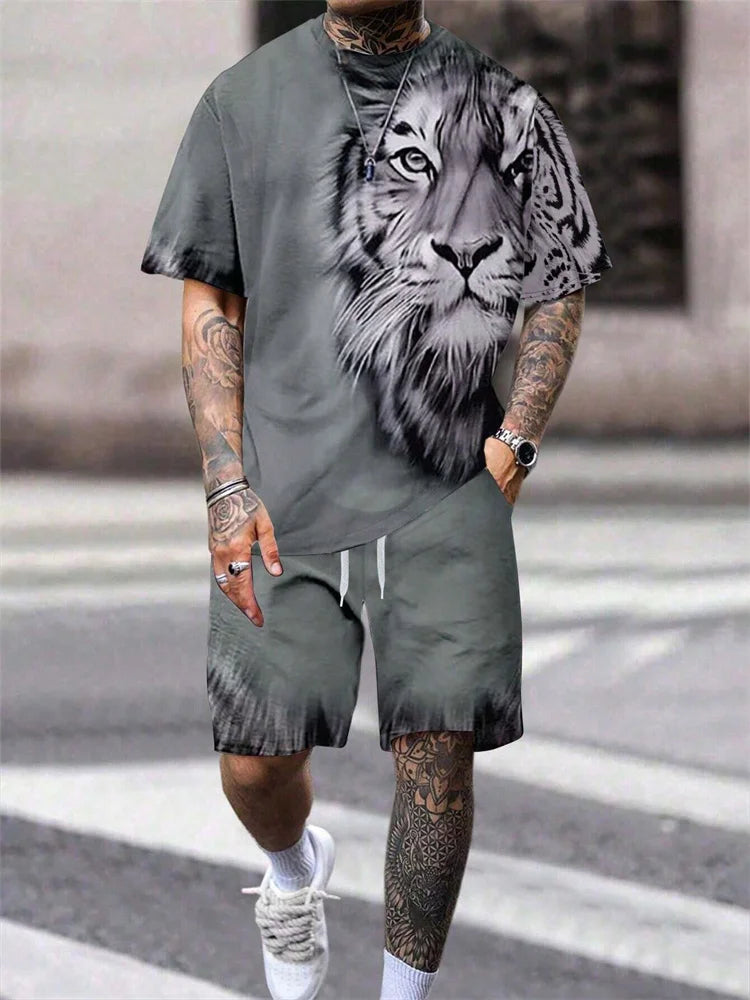 2024 New Crew Neck Short Sleeve T-shirt Fashion Shorts Set 3D Lion Print Short Sleeve Shorts 2-piece Men's Summer Sports Set