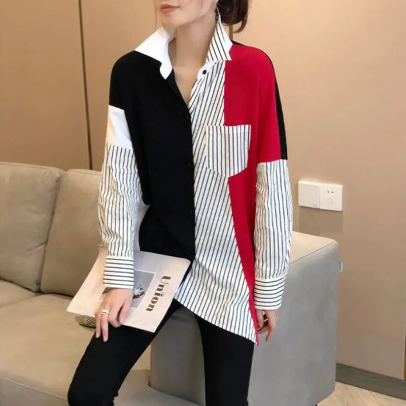 Spring Autumn New Patchwork Y2K Fashion Casual Blouse Women Long Sleeve Loose Stripe Contrast Color Lady Shirt Chic Female Tops