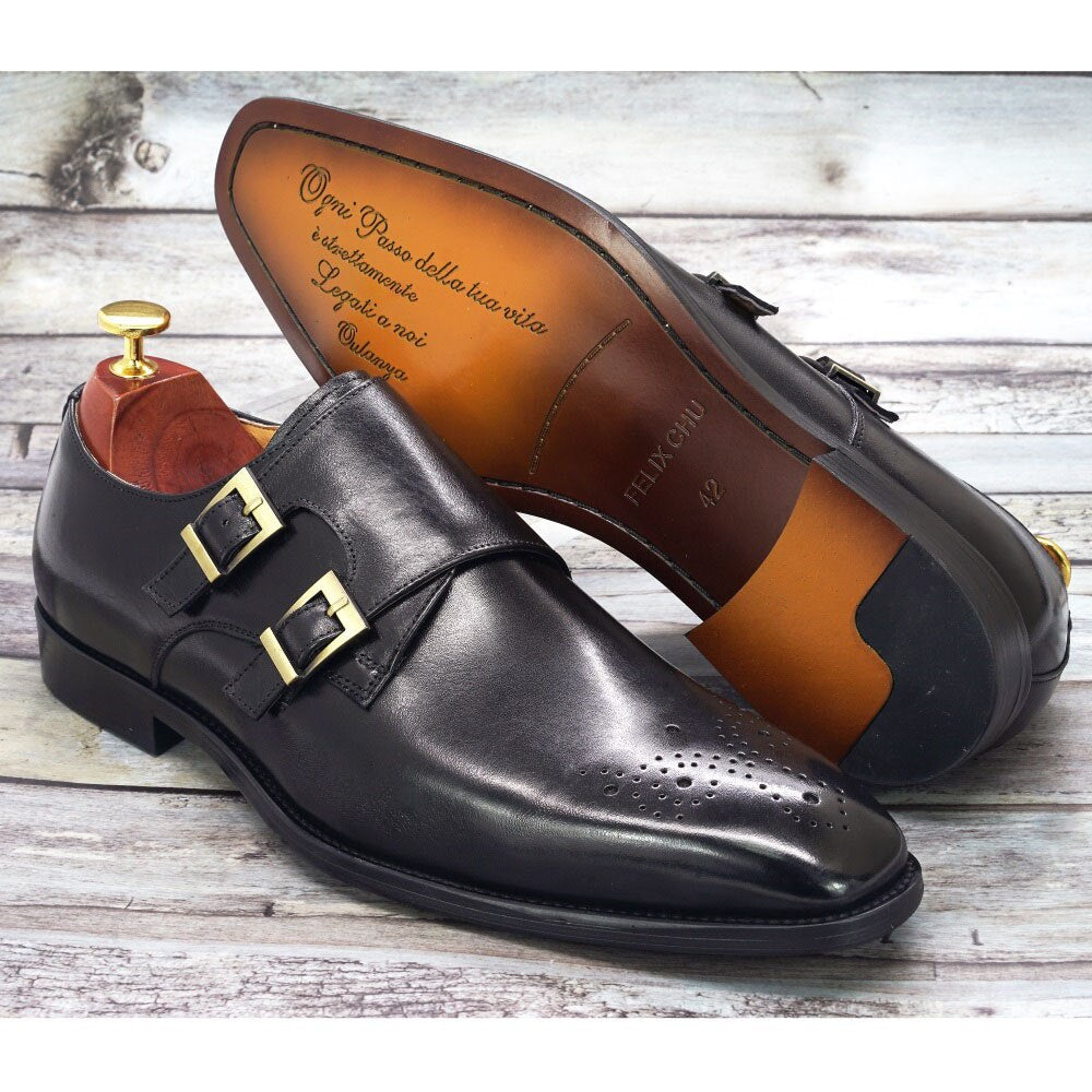 Double Monk Strap Oxford Shoes Mens Handmade Genuine Leather Buckle Men&#39;s Dress Shoes Formal Wedding Office for Men Footwear