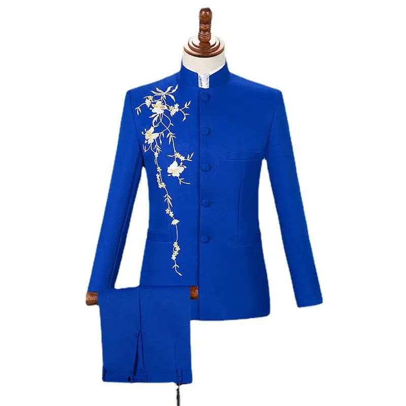 Neuer Herren Stehkragen Bestickter Anzug 2-teilig Schwarz / Weiß / Rot Mode Herren Bühne Party Perform Blazer und Hose