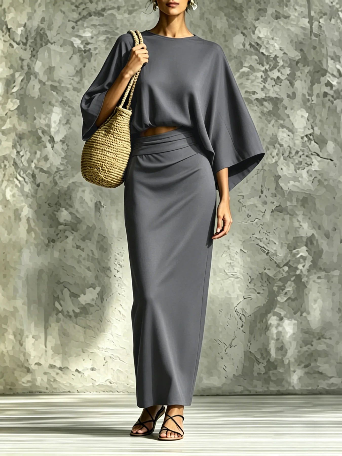 Two-Piece Woman High-Waist Chic Dress Set,  Round Neck Three-Quarter Sleeve Short Top and Skirt Set