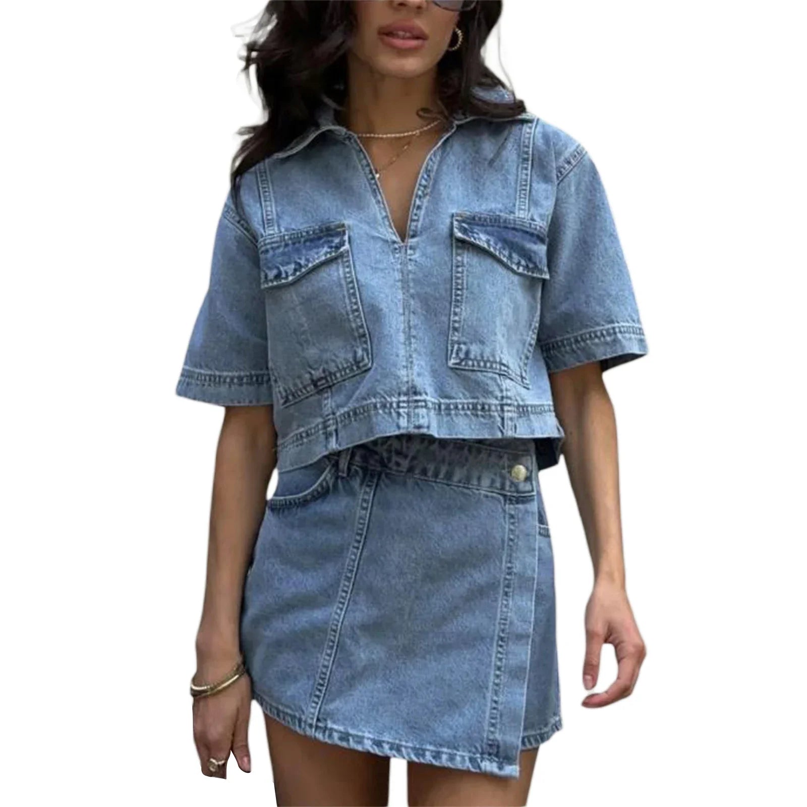 Womens 2 Piece Denim Outfits Summer Short Sleeve Lapel Jean Pullover Tops and Asymmetrical Shorts Set for Streetwear Grunge Y2K