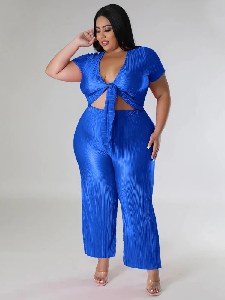 Plus Size Pant Sets for Women Shiny Deep V Neck Lace Up Tops High Waist Trouser Sexy Party Streetwear Two Piece Outfits 4XL