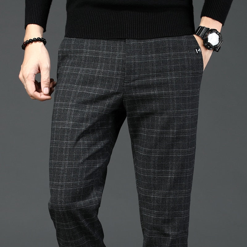 New Mens Casual Plaid Pants Business Casual Slim Fit Dark Grey Classic Style Elastic Trousers Male Brand Clothes Street Fashion