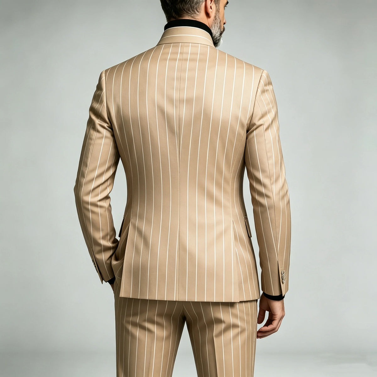 Herren Nadelstreifen Business Anzüge Einreihiger Stehkragen Slim Fit Anzug Jacke Hose 2-teiliger festlicher Smoking für Hochzeitsfeier