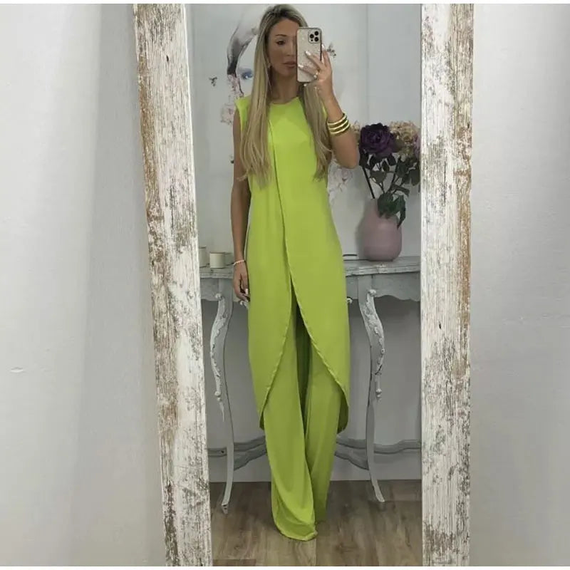 Casual Solid Two-piece Set For Women Fashion Round Necked Sleeveless Long Top Loose Pants Suit 2023 Elegant Lady Chic Outfits