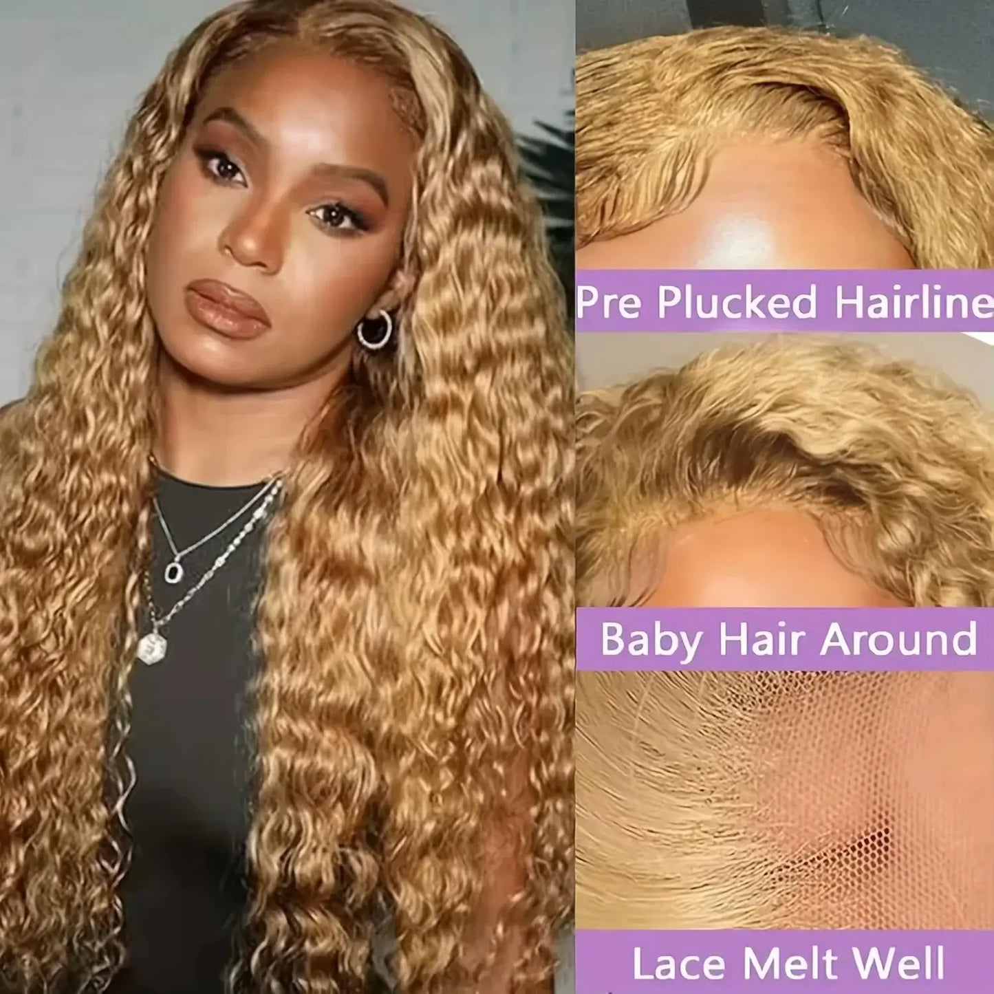Brasilianische Deep Wave 32 Zoll Honigblond 13x6 HD-Lace-Front-Echthaarperücken vorgezupft 13x4 Kleberlose lockige Lace-Frontal-Perücke Water