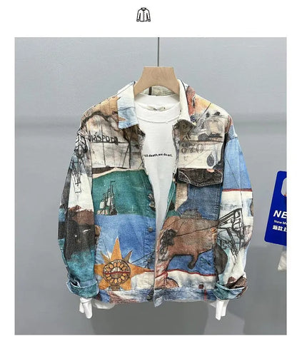 Original Jacket Korean Port Style Printed Lapel Coat Trend Casual Loose Coat Men's New China-Chic