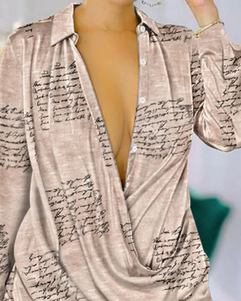 Spring Autumn Fashion Letter Print Long Sleeve Shirt Dress Robe Womens Turn-down Collar Buttons Front Casual Dresses Female 2024