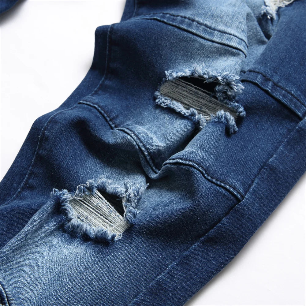 Men Splicing Holes Retro Blue Biker Skinny Jeans Pants Hip Hop Street Style Male Stretch Denim Trousers For Men's
