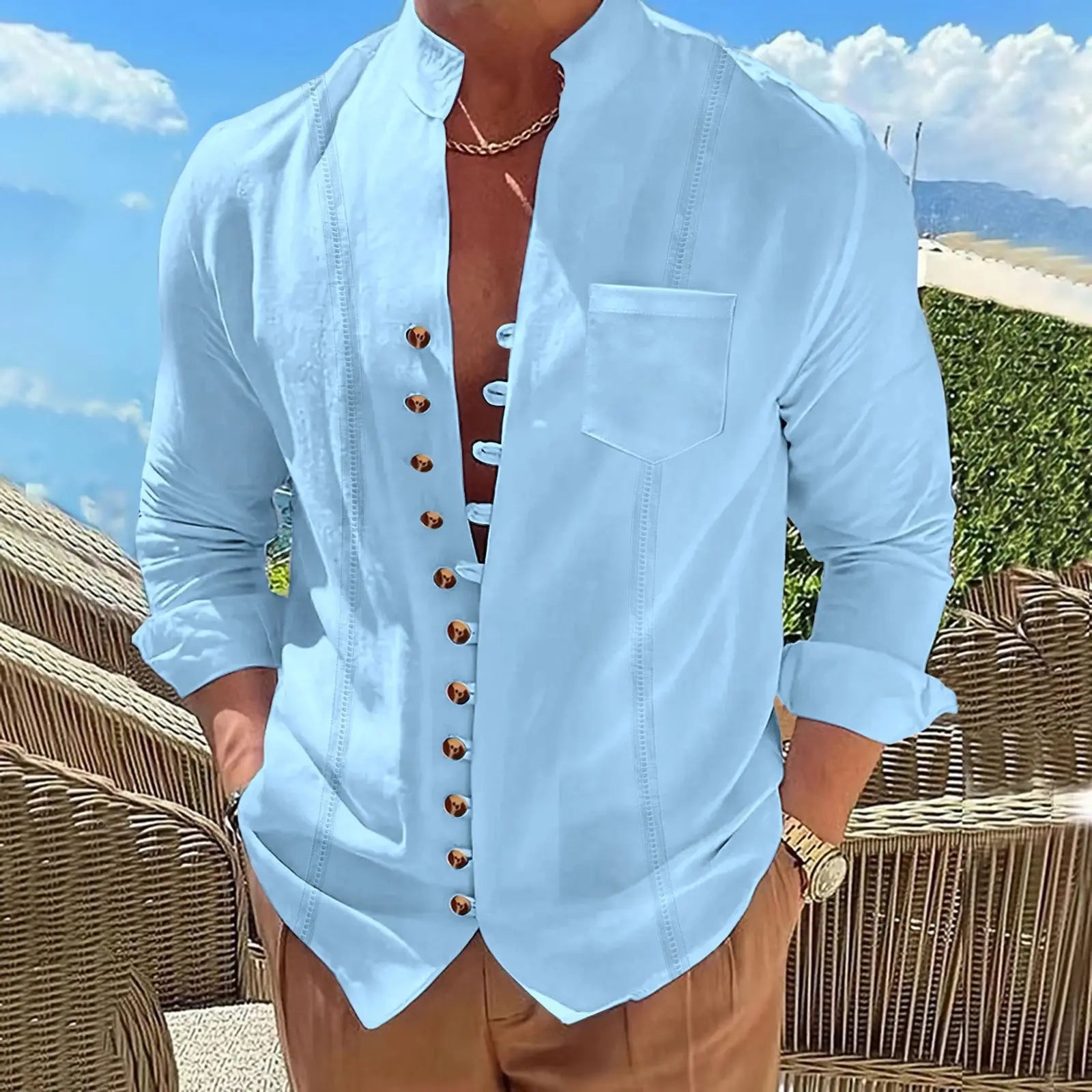 Men's new cotton and linen pocket retro stand-up collar long-sleeved shirt Casual multi-button solid color striped cardigan