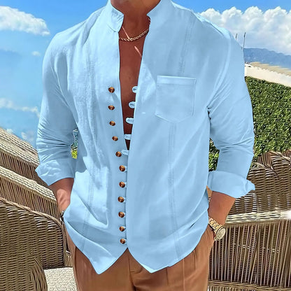 Men's new cotton and linen pocket retro stand-up collar long-sleeved shirt Casual multi-button solid color striped cardigan