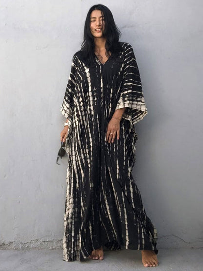 Bohemian Printed V-neck Batwing Sleeve Side Split Loose Dress For Women Clothes Plus Size Beachwear Maxi Dresses Q1218
