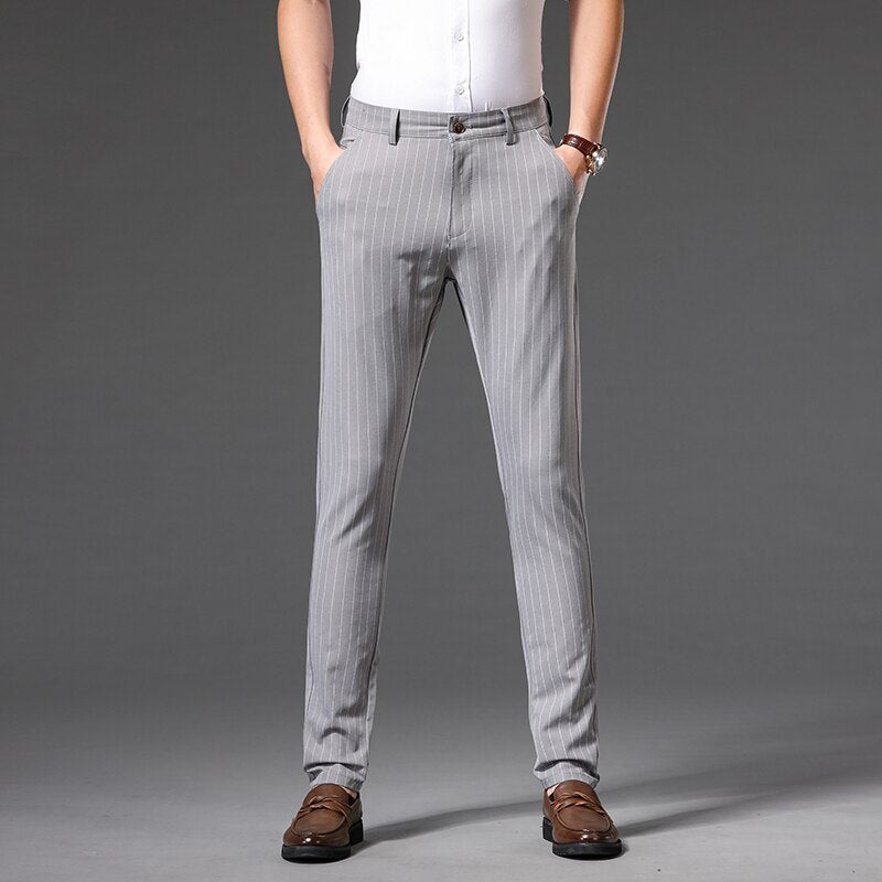 Autumn Stripe Trousers Men Formal Work Business Red Grey Navy Blue Black Slim Fit Iron-free Office Luxury Suit Pants Male 30-38