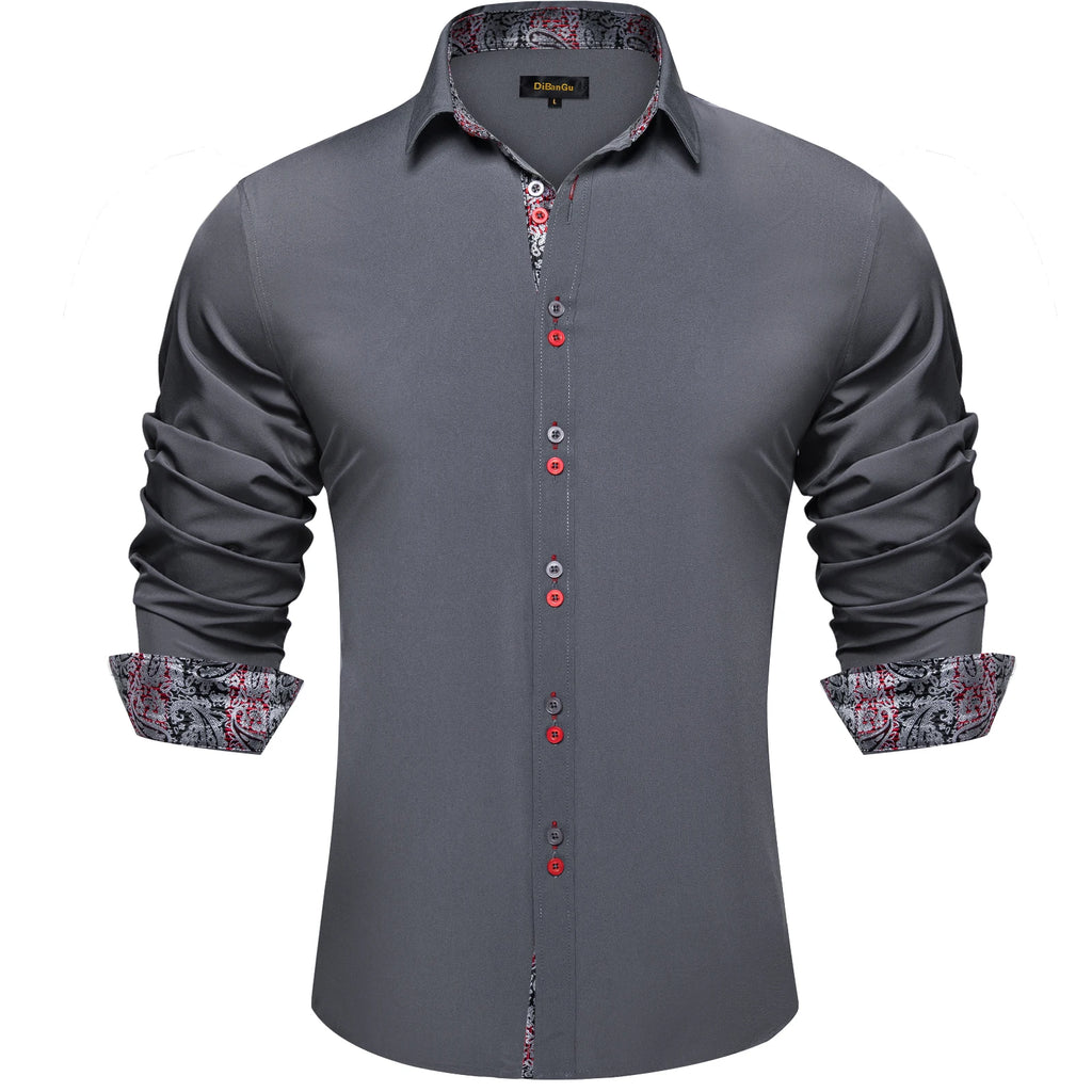 Men's Casual Long Sleeve Shirt with Inner Paisley Contrast Pattern Elegant Turn Down Collar Dress Shirt for Business Date Tops