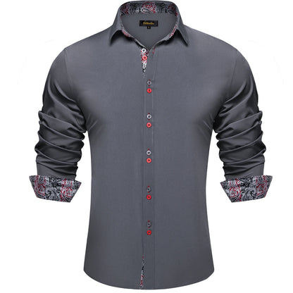 Men's Casual Long Sleeve Shirt with Inner Paisley Contrast Pattern Elegant Turn Down Collar Dress Shirt for Business Date Tops