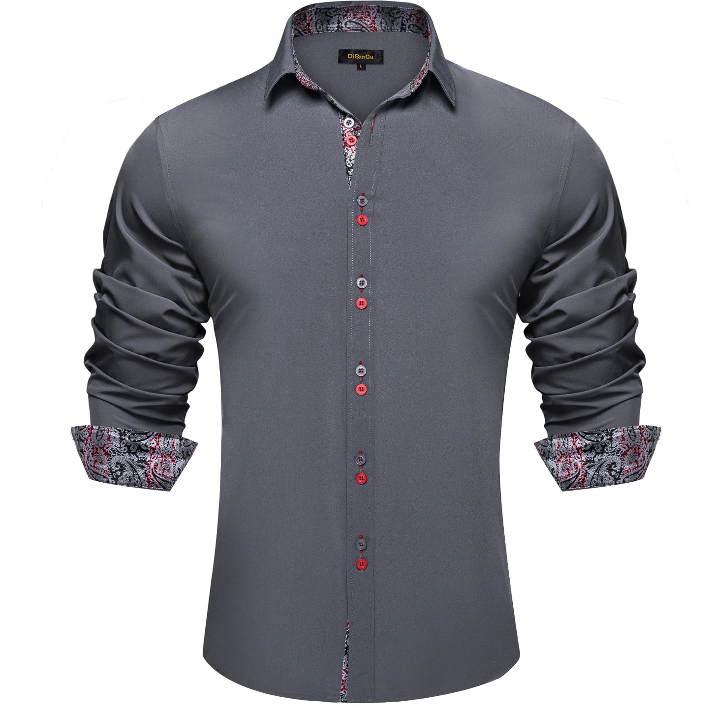 Men's Casual Long Sleeve Shirt with Inner Paisley Contrast Pattern Elegant Turn Down Collar Dress Shirt for Business Date Tops