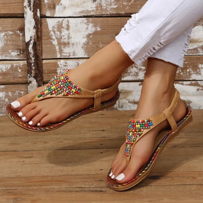 Clip Toe Bohemian Style Sandals for Women Fashion Mix Color Pearl Rome Sandals Woman  New Flat with Non-Slip Beach Shoes