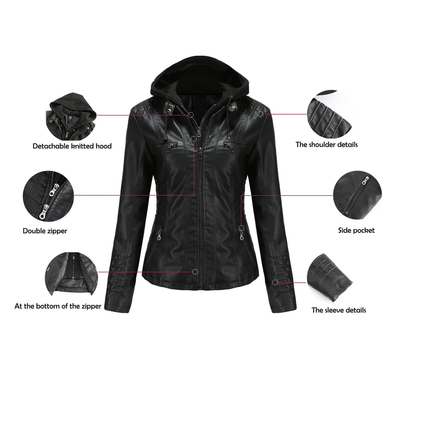 2024 Women's Hooded Leather Jacket 2 Pieces Set with Detachable Large Leather Jacket for Women Spring  Autumn PU Leather Jacket