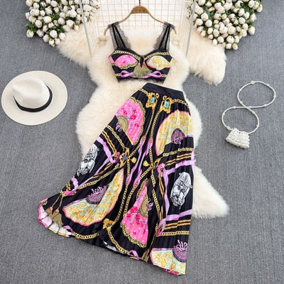 Gold 2023 Summer Fashion Designs Skirts Sets Women Outfits Indie Folk Print Sexy Two Pieces Lace Cropped Top Pleated Skirt Suit