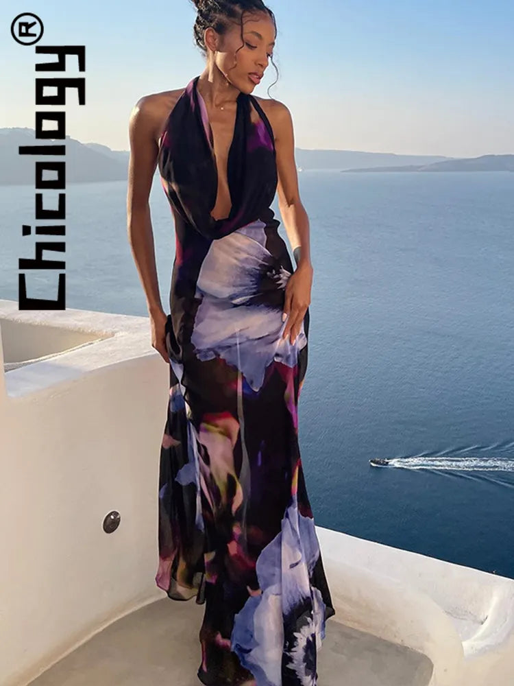 Chicology Sexy Halter Printing Backless Bodycon Maxi Dress Vacation Beach Party Festival Vintage Y2K 2022 Women Outfit Wholesale