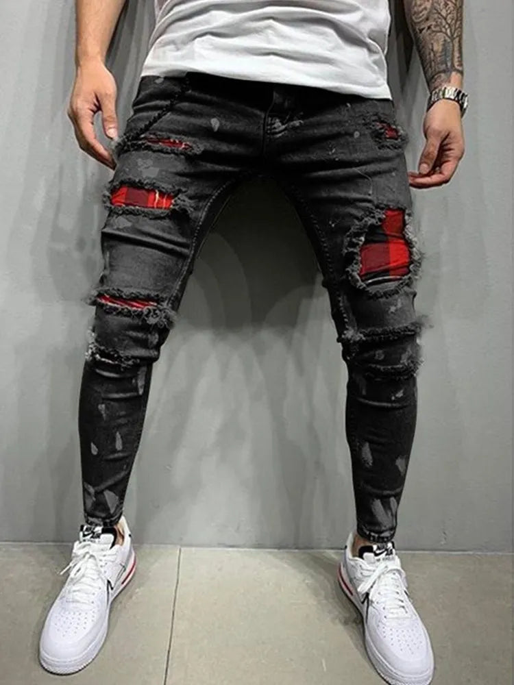 Skinny Ripped Jeans Men 2023 Fashion Grid Beggar Patches Slim Stretch Casual Denim Pencil Pants Painting Jogging Trousers Men