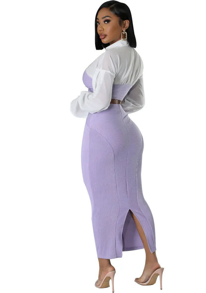 CM.YAYA Womens Two 2 Piece Sets Full Sleeve Shirt and Split Long Skirt Suit  Fall Streetwear Sexy Night Club Party Outfits