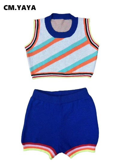 CM.YAYA Knit Ribbed Fashion Women's Set Striped Tank Top and Shorts Suit  Summer Chic Two 2 Piece Set Outfit Tracksuit