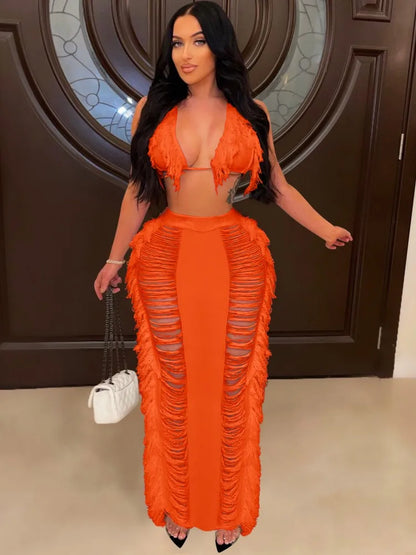 JRRY Sexy Women Knitted Set Halter Backless Crop Top Tassel Skirt Crochet Two Pieces Set Hollow Out Crocheted Beach Dress Set