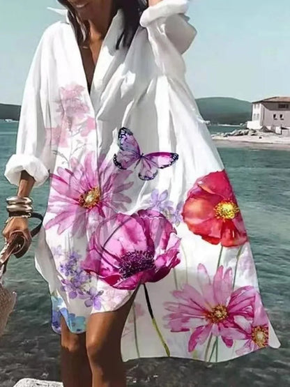 Autumn Dress  New Fashion Leisure Grace Printed Lapel Long Sleeve Loose Party Beach Women Shirt Dresses MsChuh