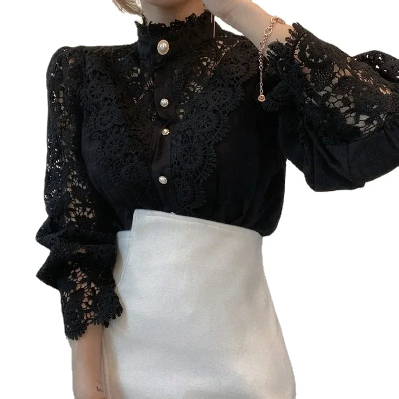 Women White Lace Blouse Long Sleeve Vintage Lace Shirt Korea Fine Elegant Pearl Button Flower Blouse Sexy OL Office Outfit Top