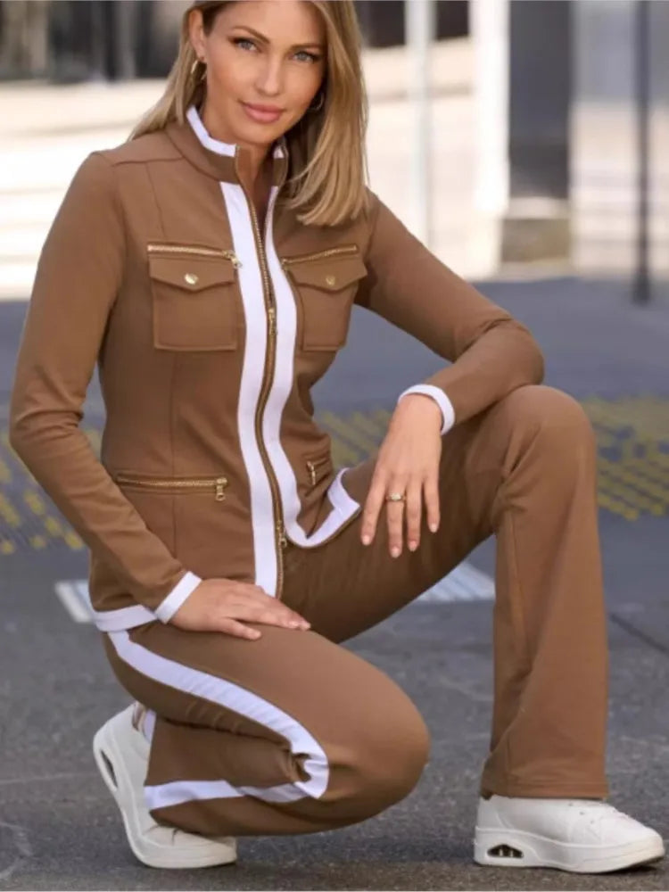 Autumn And Winter New Fashion Solid Color Casual Two Piece Sets Elegant Women Slim Simple Zipper Top Straight Sweatpants Suit