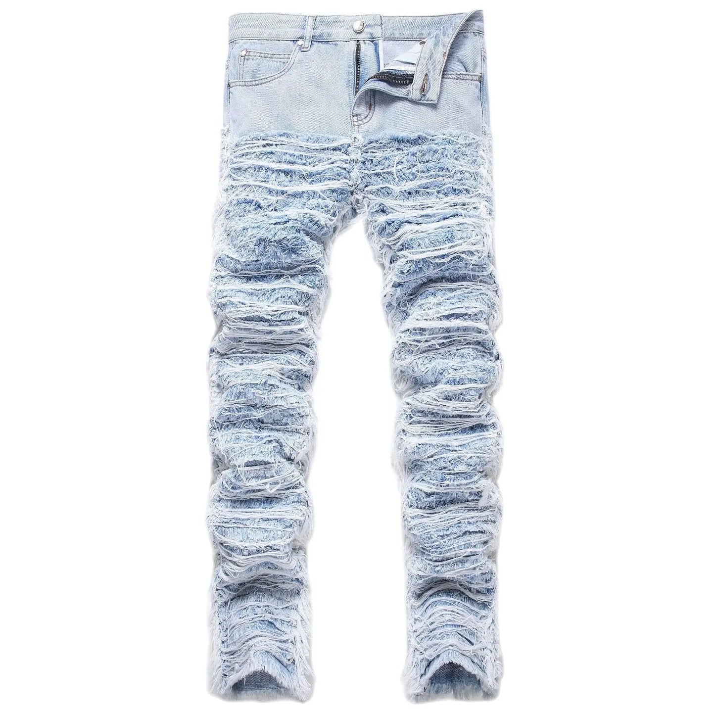 European Heavy Industrial Men Stacked Jeans Non-stretchy Straight Pants Frayed Tassel Denim Bottoms