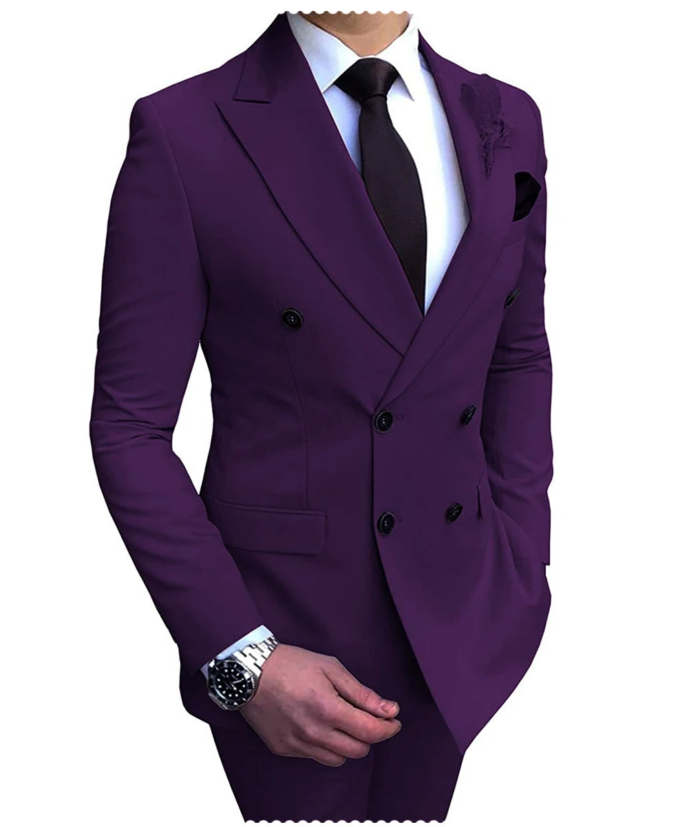 New Beige Men's Suit 2 Pieces Double Breasted Notch Lapel Flat Slim Fit Casual Tuxedos For Wedding(Blazer+Pants)