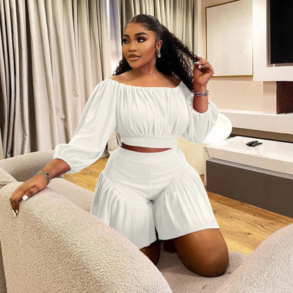 CM.YAYA Plus Size Women's Set Long Sleeve Slash Neck T-Shirt and Shorts  Summer Ruched Two 2 Piece Set Outfits Tracksuit