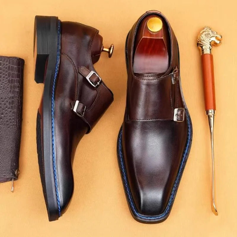 Hochwertige Herrenschuhe aus Rindsleder, eckige Zehenpartie, Doppel-Monk-Strap, Herren-Businessschuhe zum Hineinschlüpfen