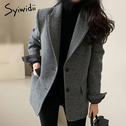 Syiwidii Women's Elegant Woolen Blazer Coat Causal Lapel Pockets Single Breasted Coats Autumn Winter Fashion Commut Lady Outwear