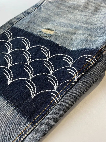 Men's Jeans Embroidery Trousers Vintage Ripped Man Cowboy Pants Broken Harem Torn with Holes Washed Baggy Xs Loose Stylish Soft