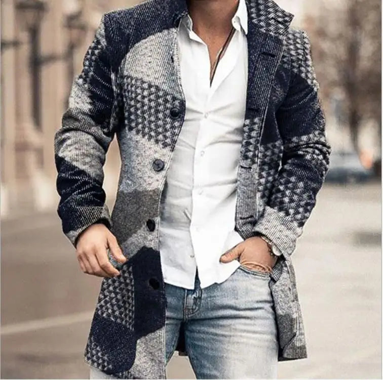 2023 Autumn Winter Woolen Printing Men's Coat Coat Windbreaker Long Sleeve Single Breasted Button Fashion Casual Jacket