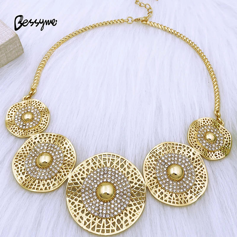 Unique Dubai Gold Color Jewelry Set Round Necklaces Women Jewelry 18k Gold Plated Wedding Party Accessories Free Shipping