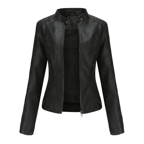 Autumn New Women's Leather Jacket, Fashionable Trim Motorcycle Women PU Coat Black Purple Brown Tops Female Menteau
